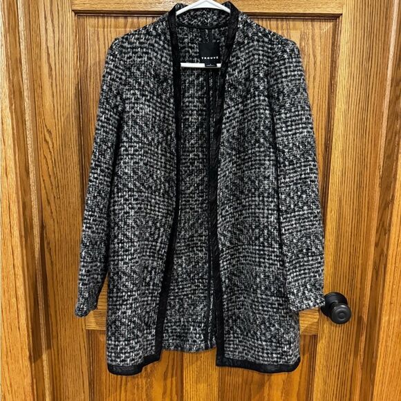 Trouve long open boucle cardigan with faux leather trim. Wool blend. Size Small - Picture 1 of 11